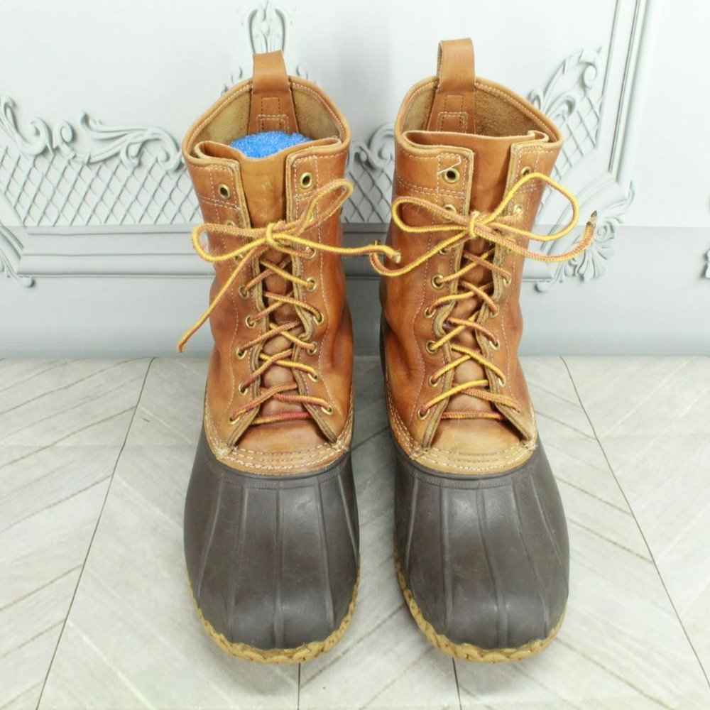 LL Bean Brown Leather Lace Up Round Toe Unlined Mid Calf Duck Boots Size 11 M - Picture 5 of 10